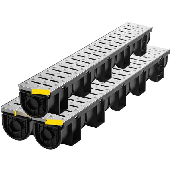 Rendeafløbssæt, HDPE-rende, rustfri rist, 3-pak
