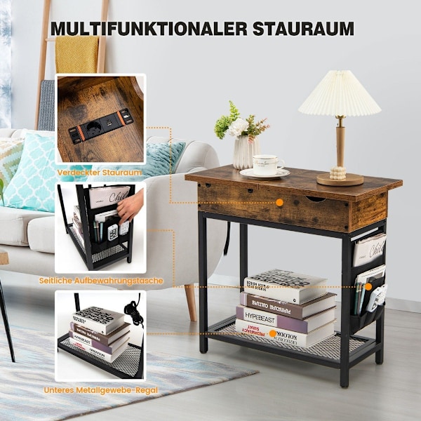 Sidebord med ladestation, smalt sofabord, 60 x 30 x 58,5 cm, brun