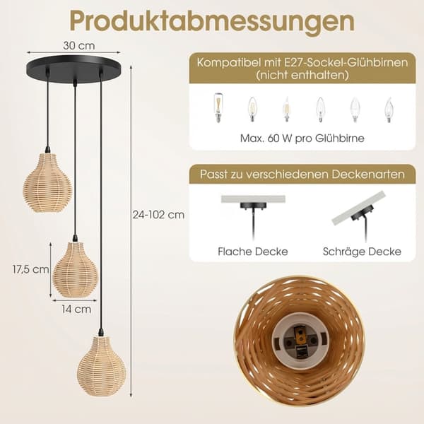 Boho-rottinkiriippuvalaisin, 3 valoa, säädettävä korkeus
