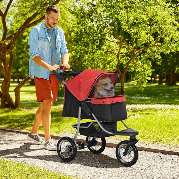 Dog Cart Dog Buggy Cat Buggy Lemmikkirattaat 3 Pyörällä Taitettava Koirankissa Oxford Red + Black 109,5 X 54,5 X 106,5 Cm