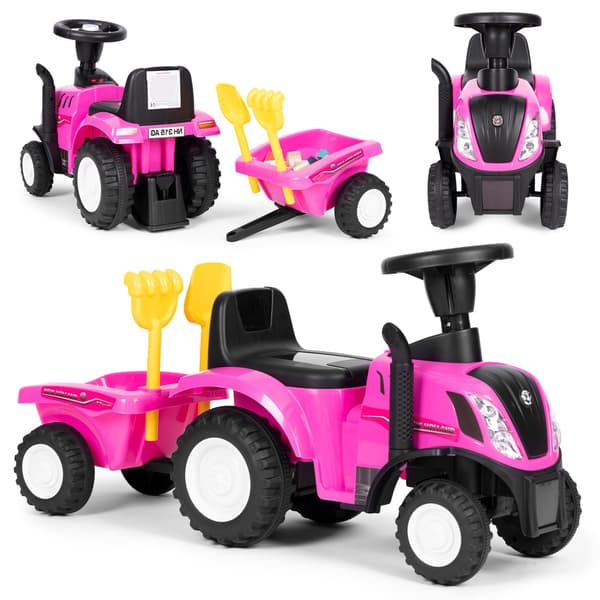 Ride-on traktor med trailer til børn, interaktivt rat, lyde, pink