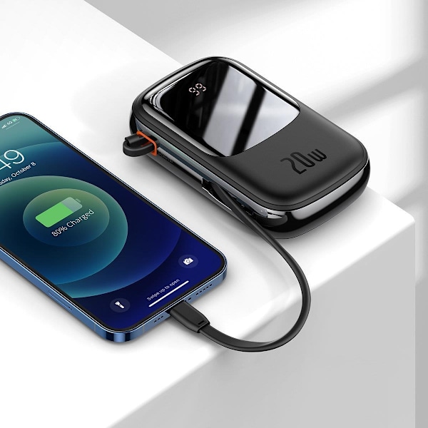 Powerbank med snabbladdning 20000mAh 20W QC-PD-SCP-FCP-kabel Iphone Lightning black