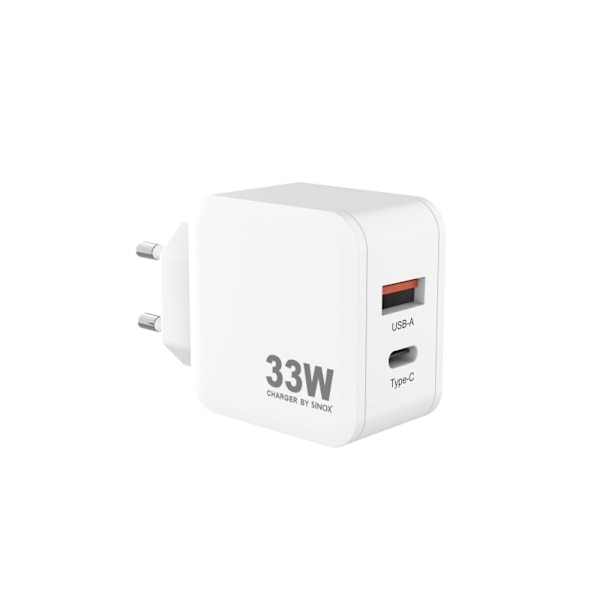 Sinox PRO 230V USB-A+USB-C PD oplader 33W. Hvid