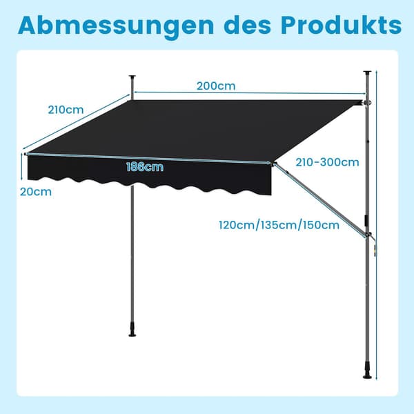 Udtrækkeligt altanmarkise, 200 cm, borefrit, UV-resistent