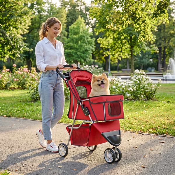 Sammenklappelig klapvogn med opbevaring, rød, til små hunde
