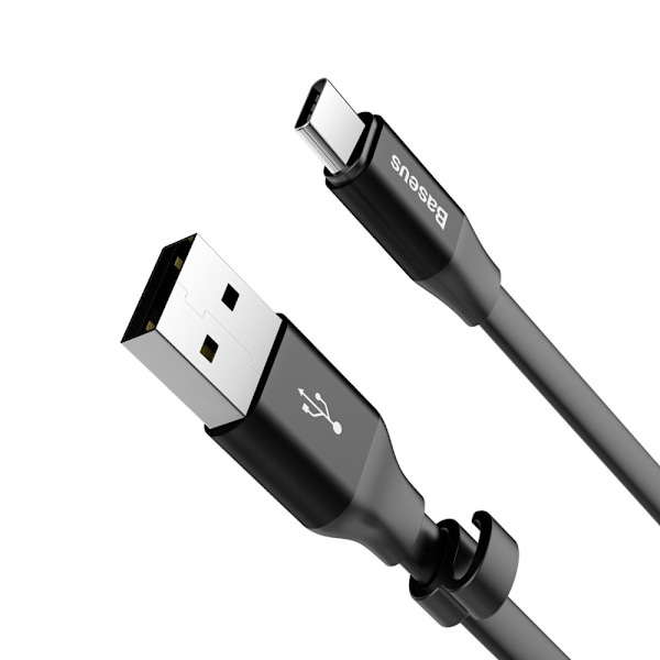 Litteä kaapeli USB-C USB-kaapeli pidikkeellä 2A 23cm musta