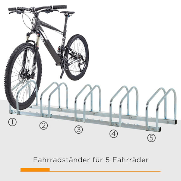 Cykelstativ, Cykelstativ, Vejrbestandigt, Holdbart, Gulv- Og Vægmontering, Stål, Op Til 5 Cykler, Sølv, 145 X 33 X 27 Cm