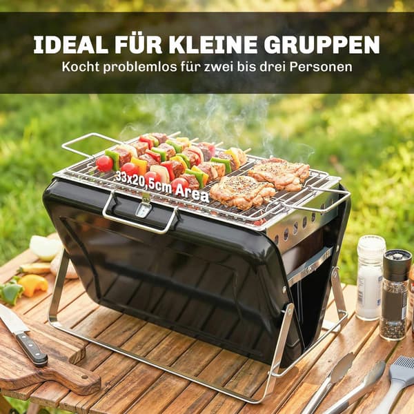 Bærbar kulgrill i rustfrit stål, foldbare ben, 40x28x25,5 cm