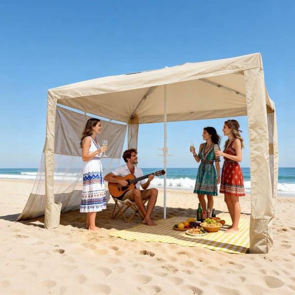 Strandtält 2,4x2,4 m, UPF 50+, sidovägg, sandfickor