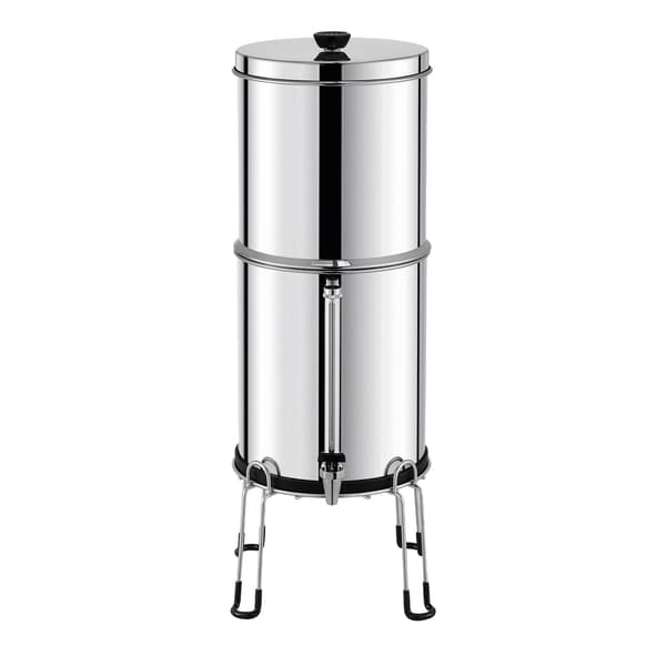Gravitationsmatat vattenfilter, 2,25 gallon, rostfritt stål, 2 kolfilter