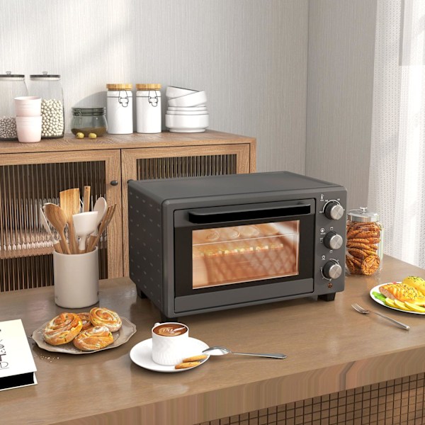 Miniuuni 21L 1400W 60 min Ajastin, pieni uuni 100°C-230°C säädettävällä lämpötilalla, miniuuni uunipellillä, ritilä, pöytäuuni ruostumatonta terästä,