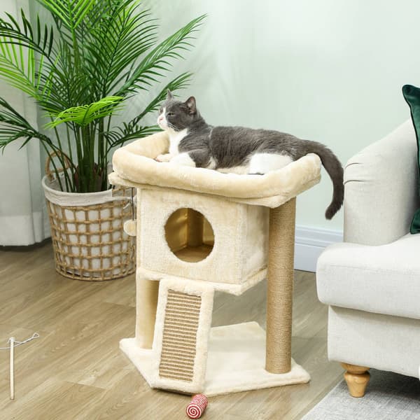 Kattetræ med jute-skrabemåtte, seng, legetøjsbold, beige