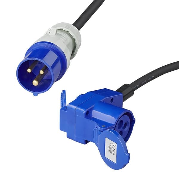 Adapterkabel 150cm 3x2,5mm² fra CEE-stik til CEE-vinklet stik + Schuko-stik