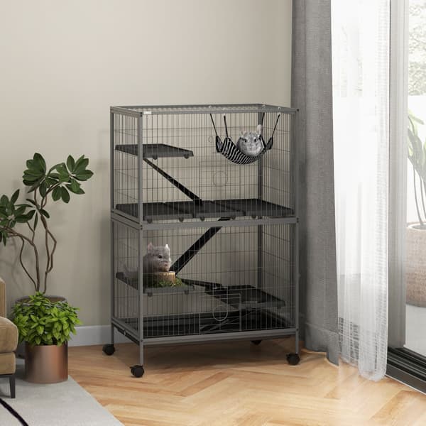 Bur til gnavere multifunktionel 4 platforme 3 ramper 4 døre dim. 80L x 52W x 128H cm Stål Grå Sølv Sort
