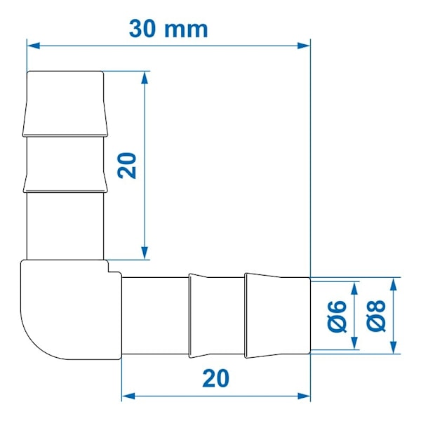 Vandslangetilslutning 90 grader 8mm pr stk
