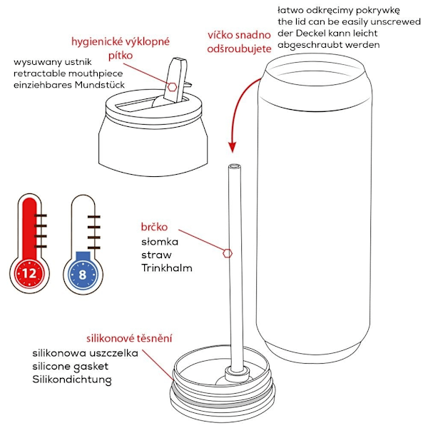 Termospurkki, jossa nokka ja olki, pitää lämmön 12 tuntia