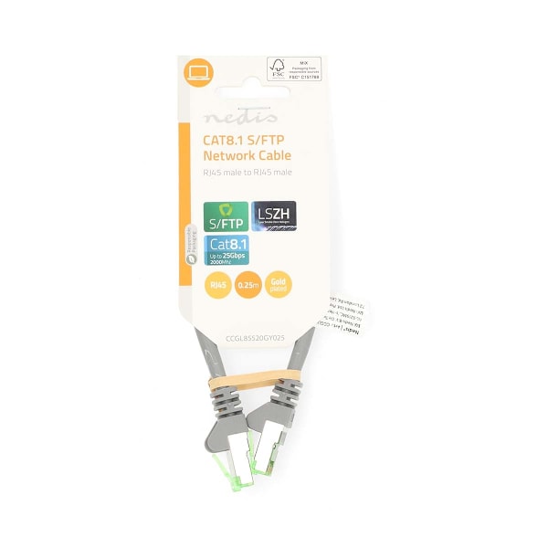 Cat 8.1 netværkskabel | S/FTP | RJ45 Han | RJ45 Han | 0.25 m | Runde | LSZH | Grå | Label