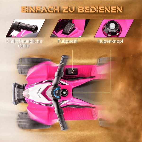 Pink elektrisk børne-quad med LED-lys, horn og brede dæk