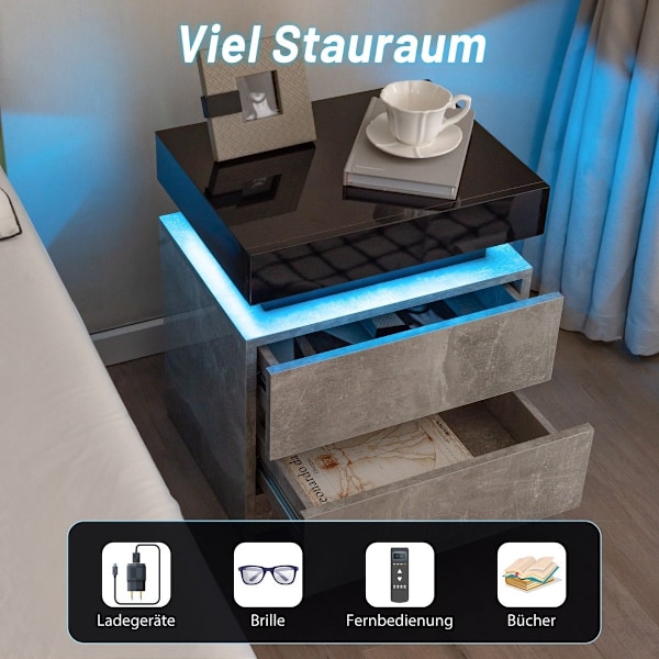 Yöpöytä LED-valoilla ja 2 laatikkoa ja kaukosäätimellä varustettu yöpöytäkaappi 45 x 35 x 52 cm harmaa
