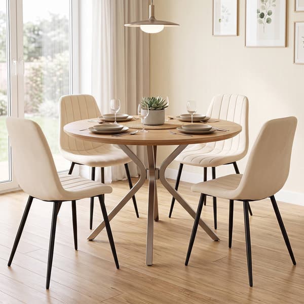 Beige klädda matstolar, set om 4 med metallben