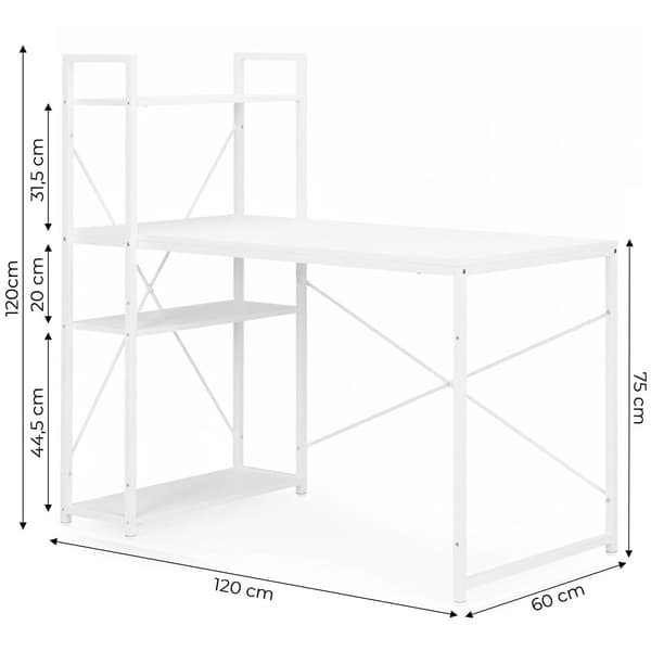 Datorskrivbord med hyllor, 120x60 cm, vit MDF