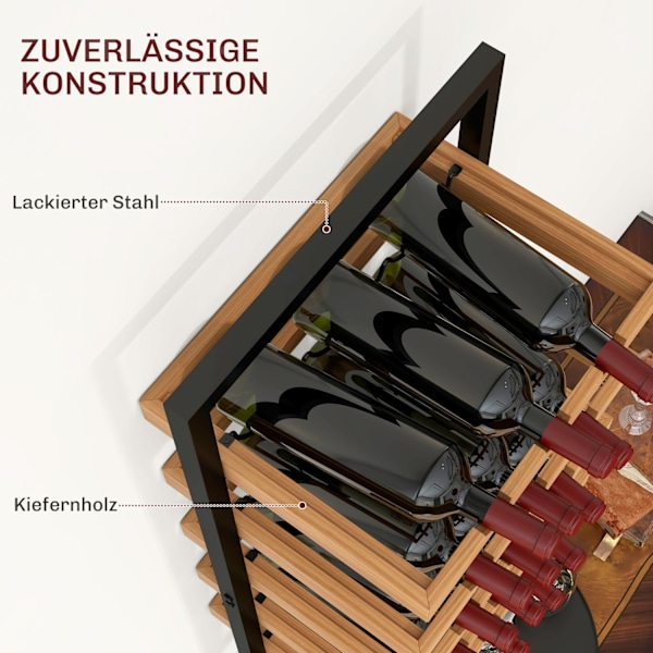 Vægmonteret vinreol med 5 etagers stabelbar vinflaskeholder Vinstativ til 15 flasker og 4 glas Fyrretræ Stål til køkken Spisestue Bar Brun