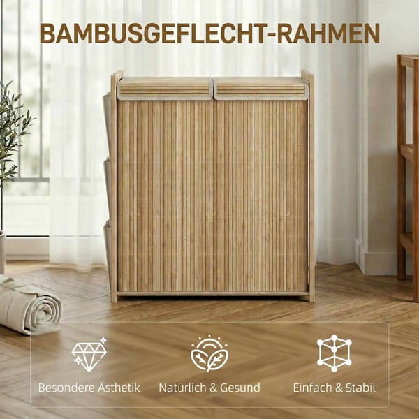 120L tvättkorg i bambu med lock och sidofickor