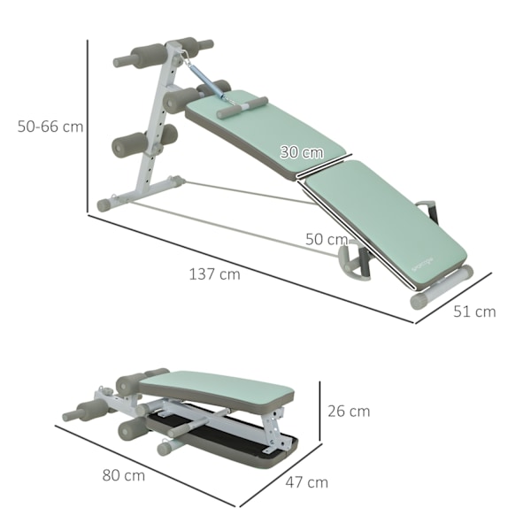 Sit Up Bench Foldbar mavetræner, 5-vejs justerbar træningsbænk, rygtræner med benfiksering og modstandsbånd, grøn