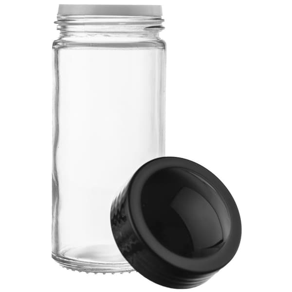 Glasbeholder til krydderier med sort plastikhætte