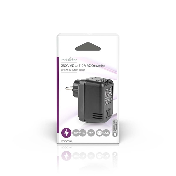 Ström omvandlare | Strömadapter | 230 V AC 50 Hz | 45 W | Jordad kontakt | Svart