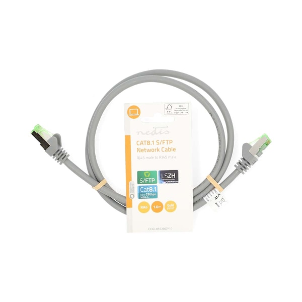 Cat 8.1 verkkokaapeli | S/FTP | RJ45 uros | RJ45 uros | 1.00 m | Pyöreä | LSZH | Harmaa | Label