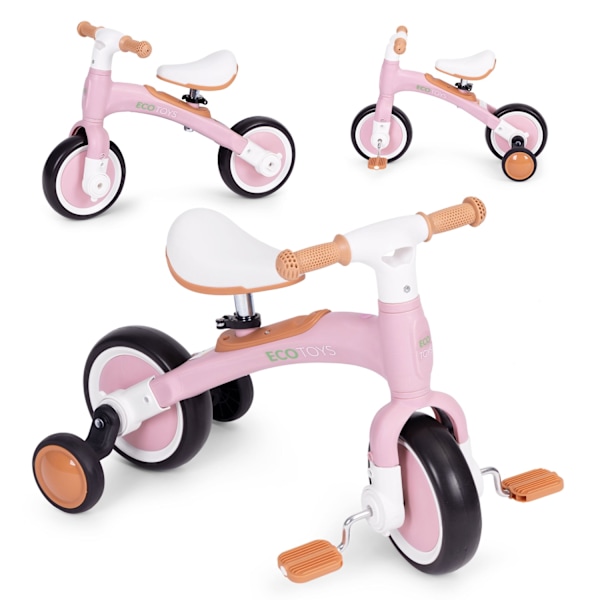 Balanscykel med pedaler - träningssidohjul 3in1 rosa ECOTOYS