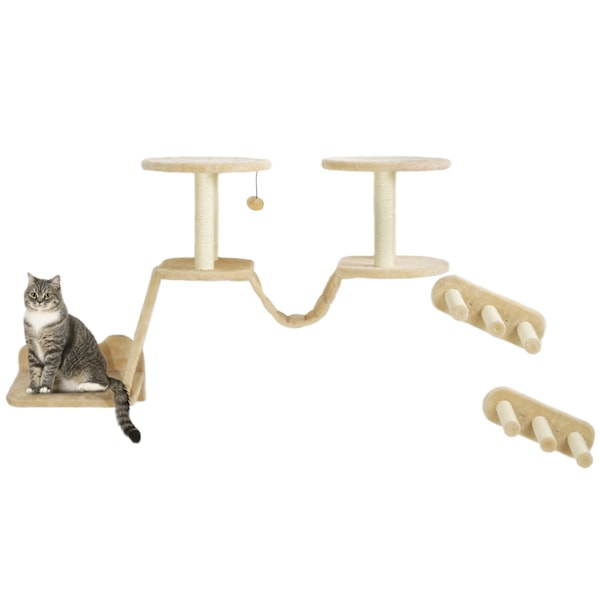 Kattklätterväggsset, 3-delad kattmöbel med skrapstolpe, sittpinnar, stege, trappsteg, skrapbräda, för katter upp till 5 kg, sisal, beige