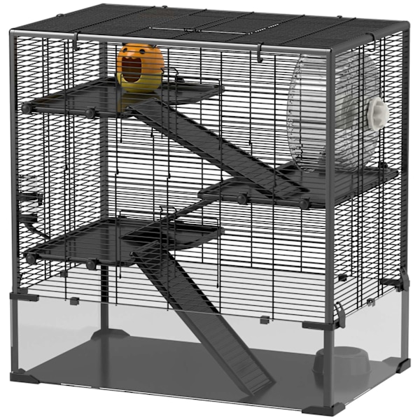 Hamsterbur til dværghamstere, 4-lags gnaverbur med glasbund, hytte, balancehjul, ramper, madskål, smådyrsbur dværghamsterbur 78,5 x 48,5 x 80 cm sort