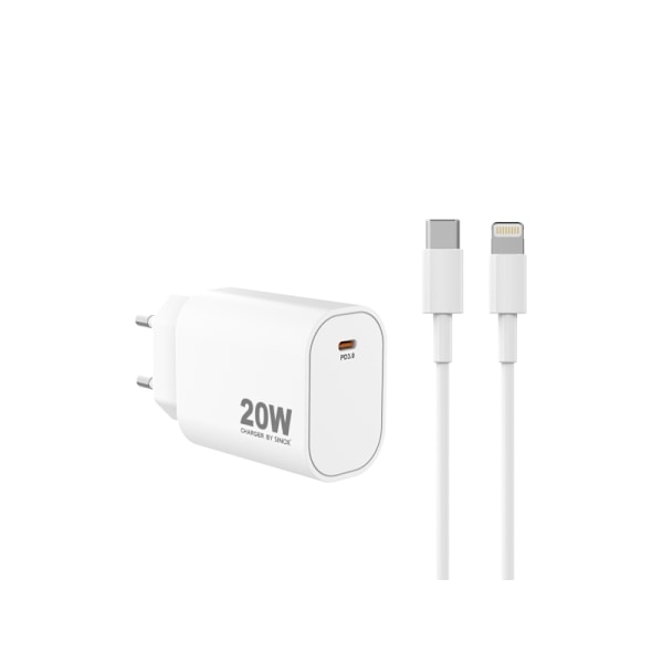 Sinox PRO 230V USB-C PD oplader 20W m/Lightning kabel. Hvid