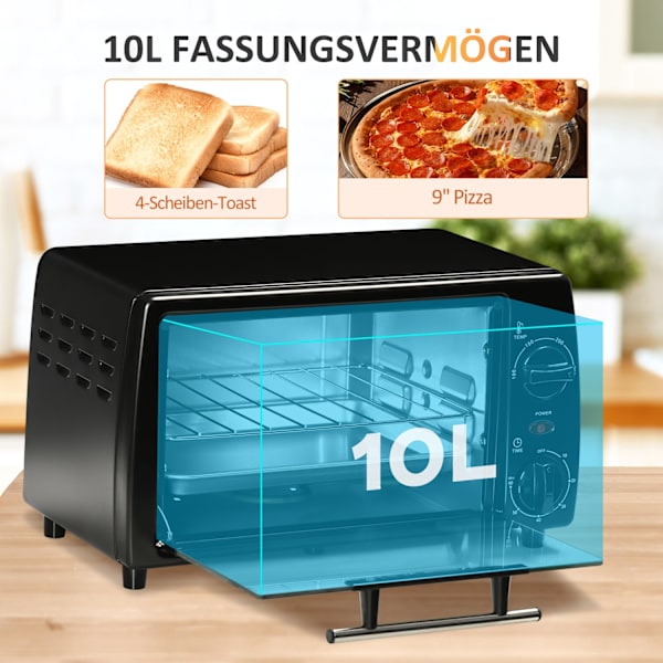 Miniovn 10 Liter 750W Lille Elektrisk Ovn Med Temperatur Op Til 230 ℃ Timer 60 Minutter Bageplade Og Stativ 36,5X26X22 Cm Sort