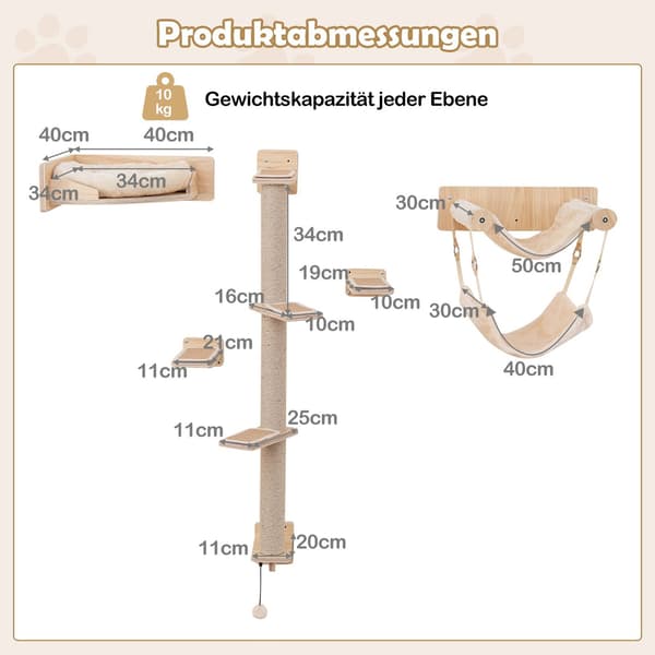Väggmonterad kattmöbelset med hängmattor och säng