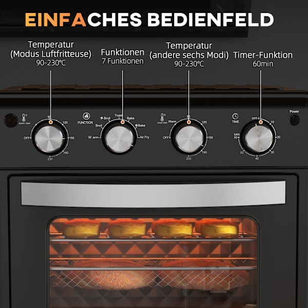 Miniugn med cirkulationsluft, 90°C-230°C, 30L, miniugn med bakplåt, grillgaller, smulplåt, varmluftsfritös med 7 lägen, frityrkorg
