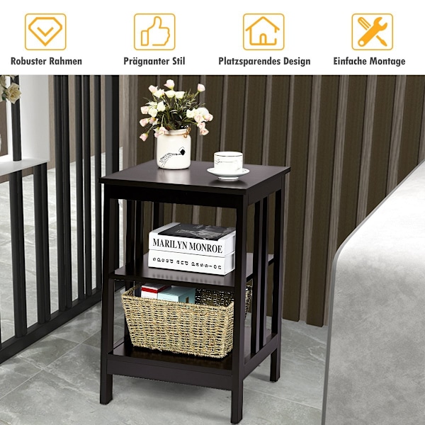 3 niveauer II formet sengebord sidebord med hylde og opbevaringsplads 40 x 40 x 61 cm kaffe