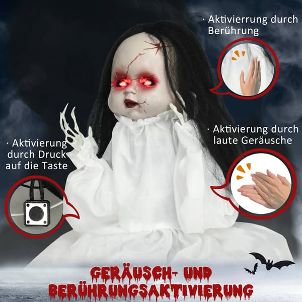 Halloween-skräckdocka med LED-ögon, ljud- och rörelsesensor, 60 cm