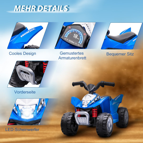 Elektrisk Quad Miniquad Børne Elektrisk ATV Børnequad med LED og horn Børnemotorcykel Børnebil Elbil til børn fra 18 måneder Metalblå 65,5 x 38,5 x 43