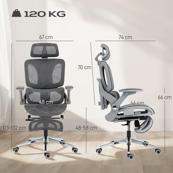 Ergonomisk kontorsstol i nät, justerbara 4D-armstöd, grå