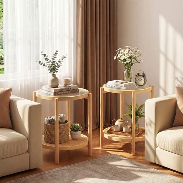 Boho-pyöreä sivupöytä karkaistulla lasikannella, luonnonvärinen