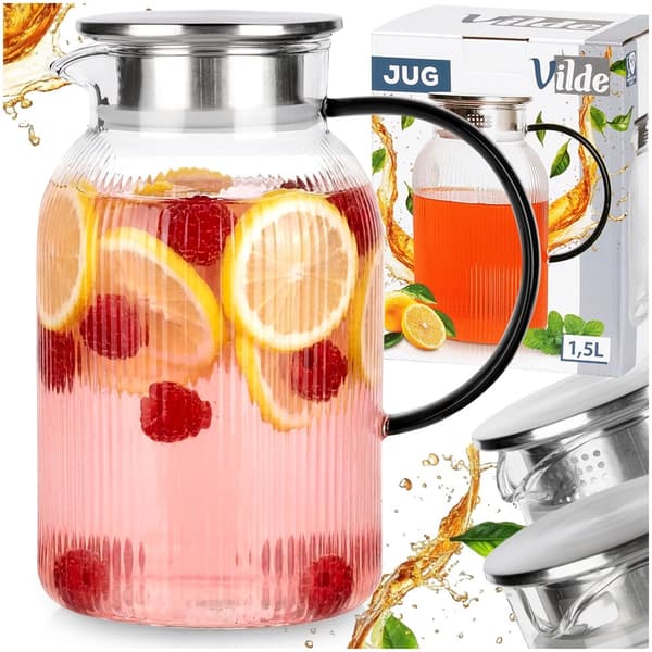 Lasikannu kannella, 1,5 l borosilikaattia, siivilä