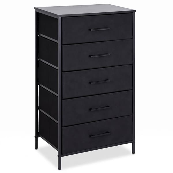 Sort stofkommode med 5 skuffer – metalramme, MDF-top