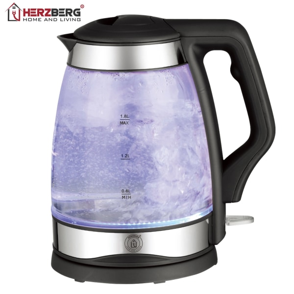 Herzberg HG-5044: 1,8 l elektrisk vattenkokare i glas med LED-ljusindikator