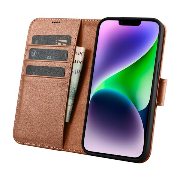 2-i-1 læderetui med klap iPhone 14 Anti-RFID Wallet Case brun