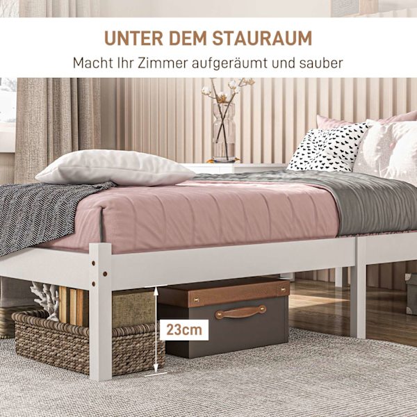 Sengeramme træseng med lamelramme, 208 x 96 cm sengeramme med sengegavl, enkeltsengstel til soveværelse, hvid