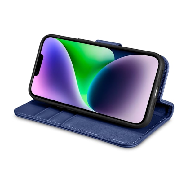 2-i-1 læder Flip Cover iPhone 14 Anti-RFID pung etui Blå