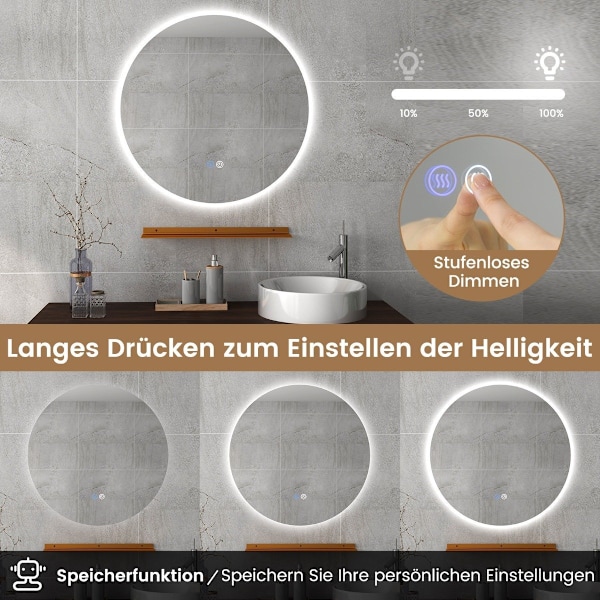 Ø60 cm rundt badeværelsesspejl med belysning & berøringsafbryder & memory funktion vægspejl
